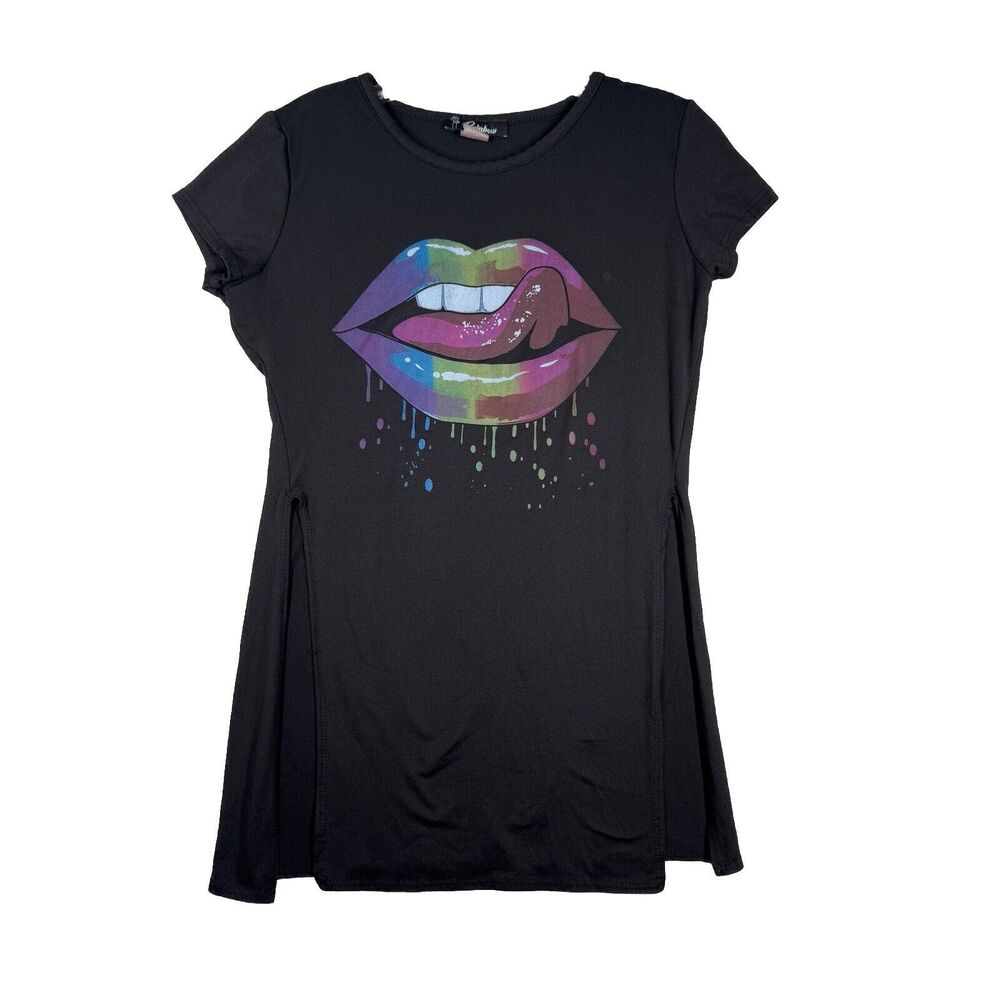 Rainbow Shirt Womens Medium Black Lips Graphic Tee Baby Tee 90s Y2K Vintage